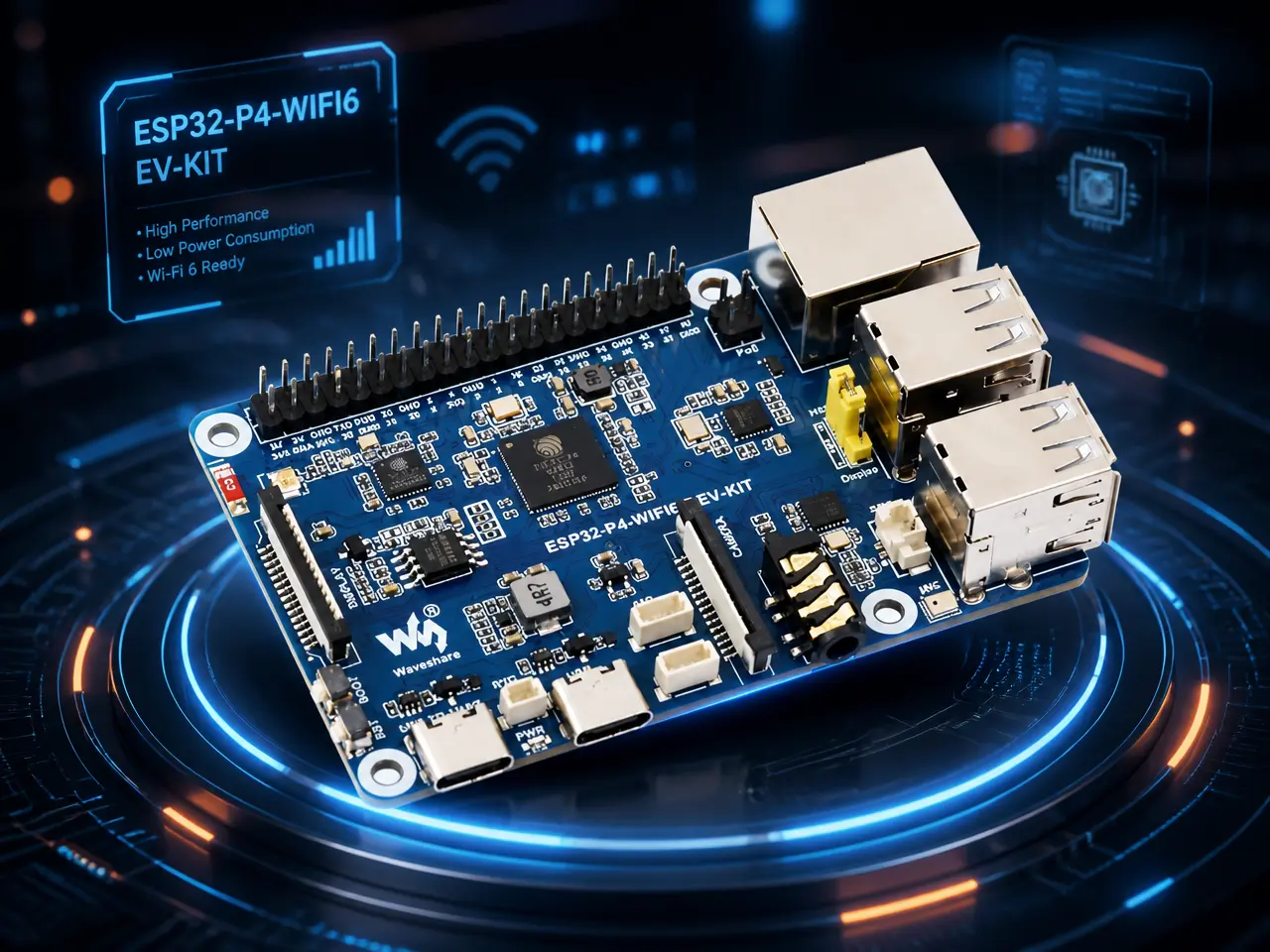ESP32-P4 Wi-Fi 6 evaluation kit on a glowing tech platform with predictive AI features